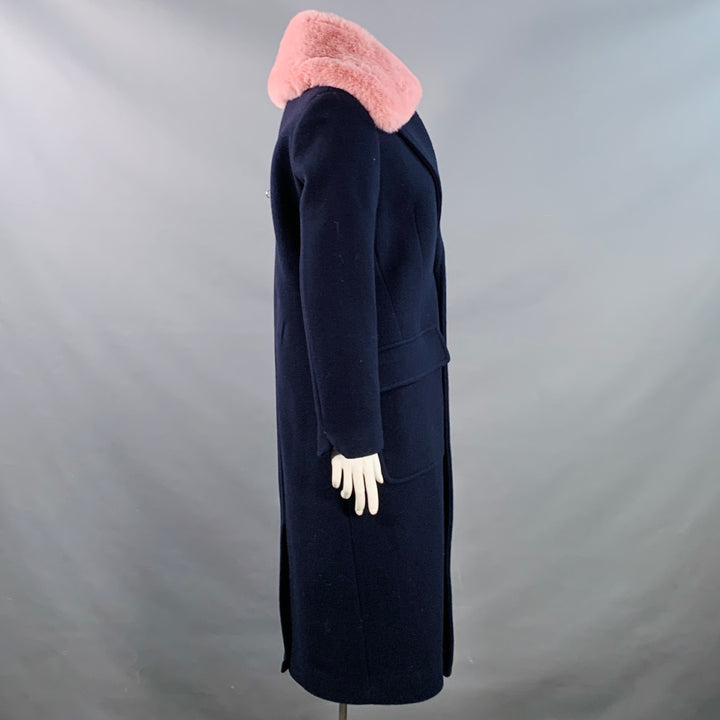 ZADIG & VOLTAIRE Size L Manon Navy Pink Wool Cashmere Blend Fur Collar Notch Lapel Coat