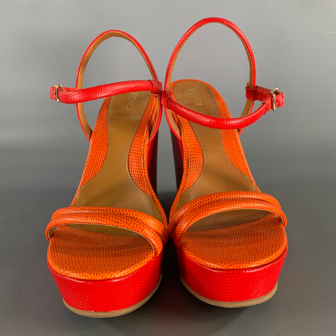FENDI Size 7 Red Orange Leather Color Block Embossed Wedge