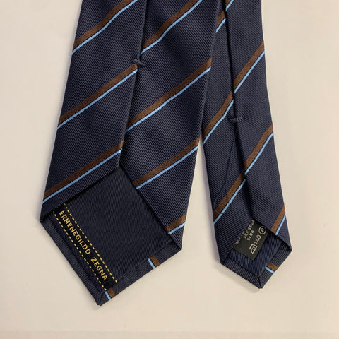 ERMENEGILDO ZEGNA Navy Light Blue Brown Diagonal Stripe Silk Tie