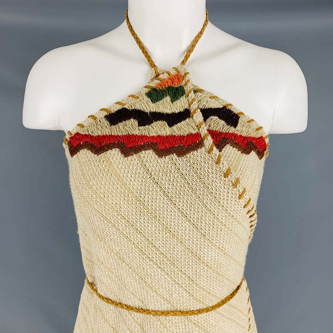 RALPH LAUREN Size L Beige Linen Blend Leather Trim Halter Wrap Dress Sui Generis Designer Consignment RALPH LAUREN Size L Beige Linen Blend Leather Trim Halter Wrap Dress Sui Generis Designer Consignment