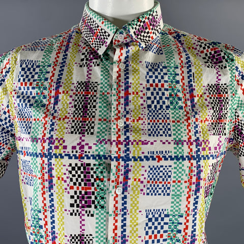 JIL SANDER Size L White Multi-Color Cotton Short Sleeve Shirt