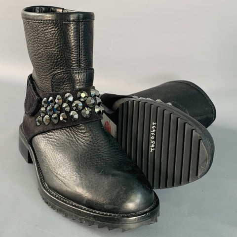 PEDRO GARCIA Size 7 Black Studded Swarovski Crystals Pull On Ankle Biker Boots