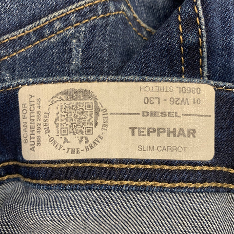 DIESEL Size 26 Tepphar Blue Distressed Cotton Blend Tapered Slim Jeans