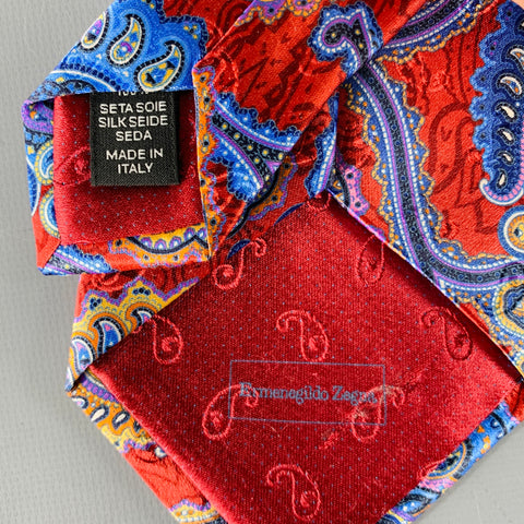 ERMENEGILDO ZEGNA Red Multi Color Paisley Silk Satin Tie