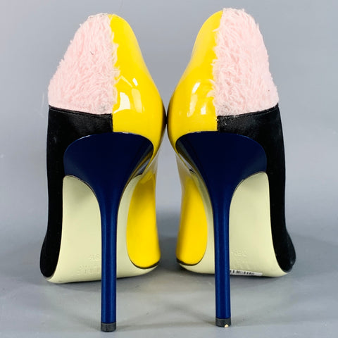 GIANNICO Size 8.5 Yellow Black Pink Color Block Mixed Fabrics Stiletto Pumps