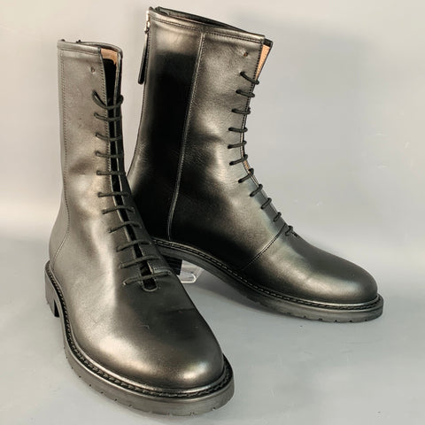 LEGRES Size 8 Black Leather Lace-Up Zipper Boots