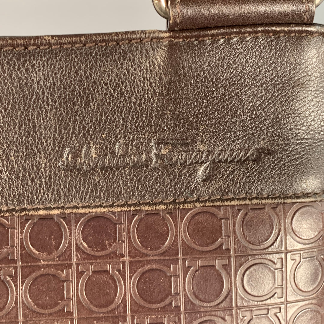 SALVATORE FERRAGAMO One Size Brown Black Leather Nylon Embossed Logo Crossbody Bag