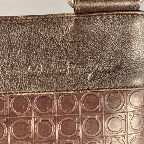 SALVATORE FERRAGAMO One Size Brown Black Leather Nylon Embossed Logo Crossbody Bag