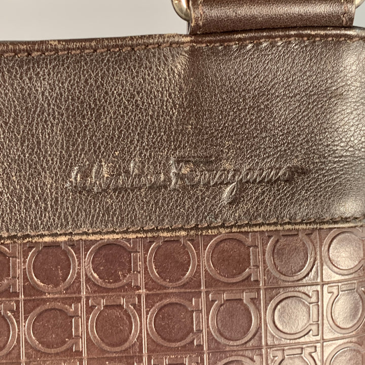 SALVATORE FERRAGAMO One Size Brown Black Leather Nylon Embossed Logo Crossbody Bag