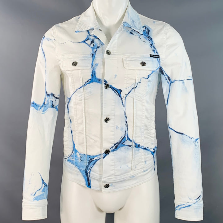 DOLCE & GABBANA Size 34 White Blue Marbled Denim Button Up Trucker Jacket