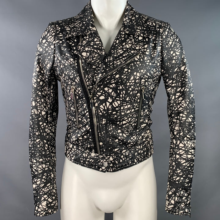 BALENCIAGA Size 34 Black White Marbled Lambskin Leather Motorcycle Jacket