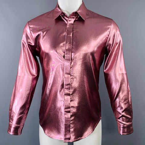 JUST CAVALLI Size S Pink Metallic Shimmery Polyester Blend Long Sleeve Shirt
