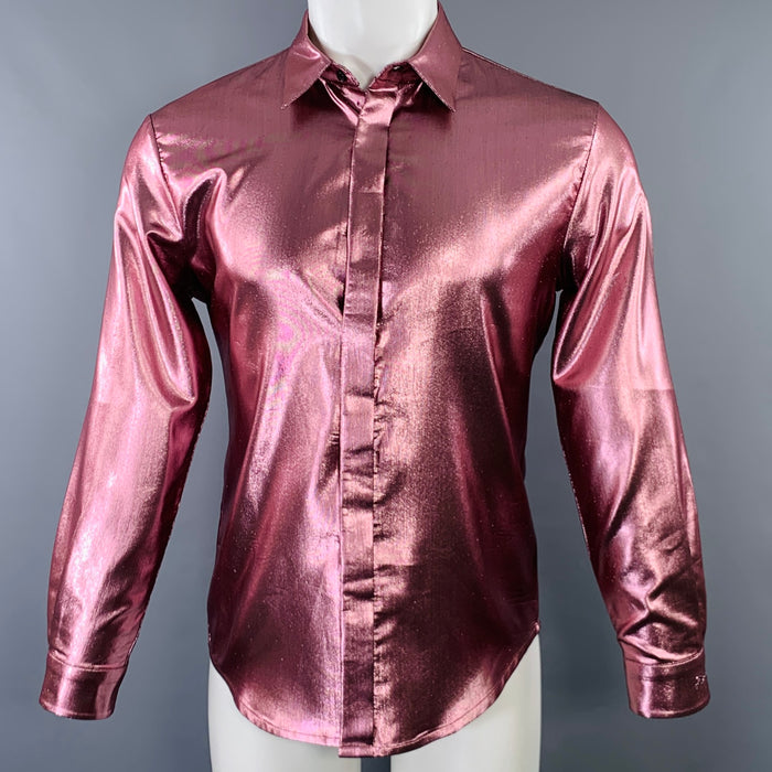 JUST CAVALLI Size S Pink Metallic Shimmery Polyester Blend Long Sleeve Shirt