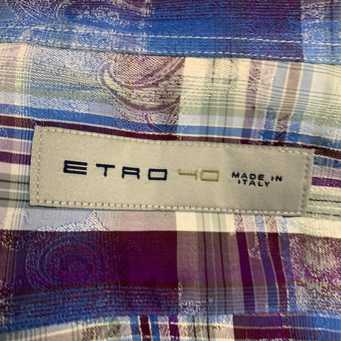 ETRO Size M Blue Purple Plaid Cotton Button Up Long Sleeve Shirt