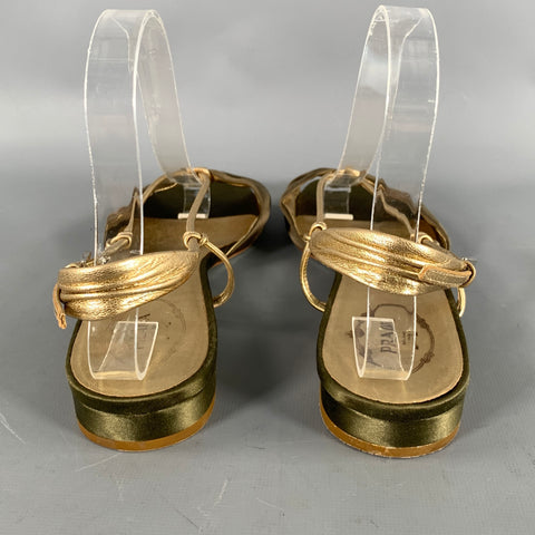 PRADA Size 9 Olive Gold Silk Metallic Leather Trim Strappy Sandals
