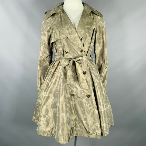 LANVIN 2011 Size 10 Green Olive Polyester Silk Marbled Double Breasted Trench Coat