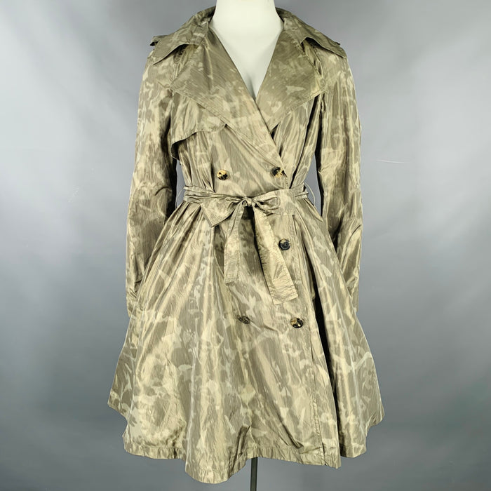 LANVIN 2011 Size 10 Green Olive Polyester Silk Marbled Double Breasted Trench Coat