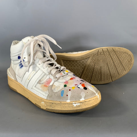 LANVIN Size 8 White Multi Color Splattered Leather High Top Sneakers