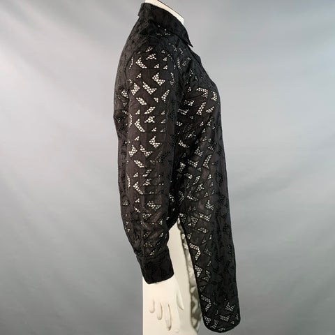 NEIL BARRETT Size L Black Cotton Eyelet Lace Asymmetrical Button Up Shirt