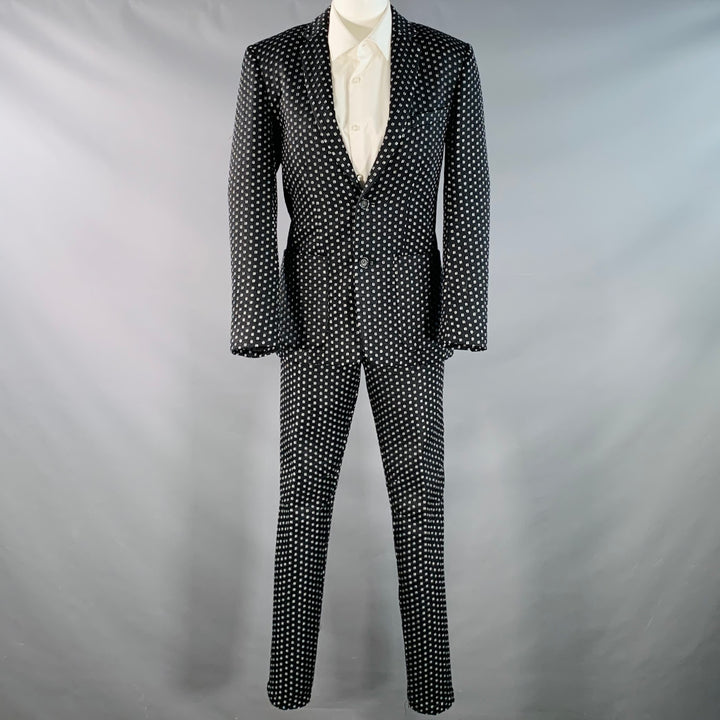 MR TURK Size 36 Regular Black White Perforated Polyester Notch Lapel Suit