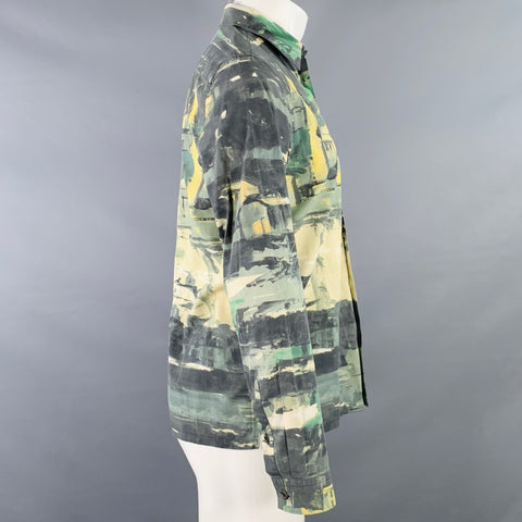 PRADA FW17 Size S Green Multi Color Landscape Print Cotton Button Up Long Sleeve Shirt