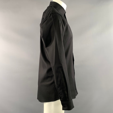 PLATINO de Marquis Size M Black Pleated Cotton Pointed Collar Long Sleeve Shirt
