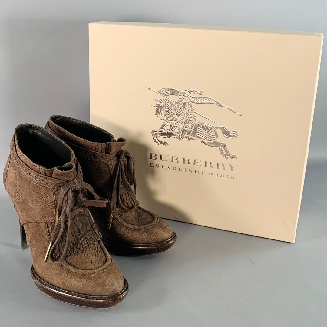 BURBERRY PRORSUM Size 9 Howcroft Brown Leather Fringe Lace-Up Platform Booties Pumps