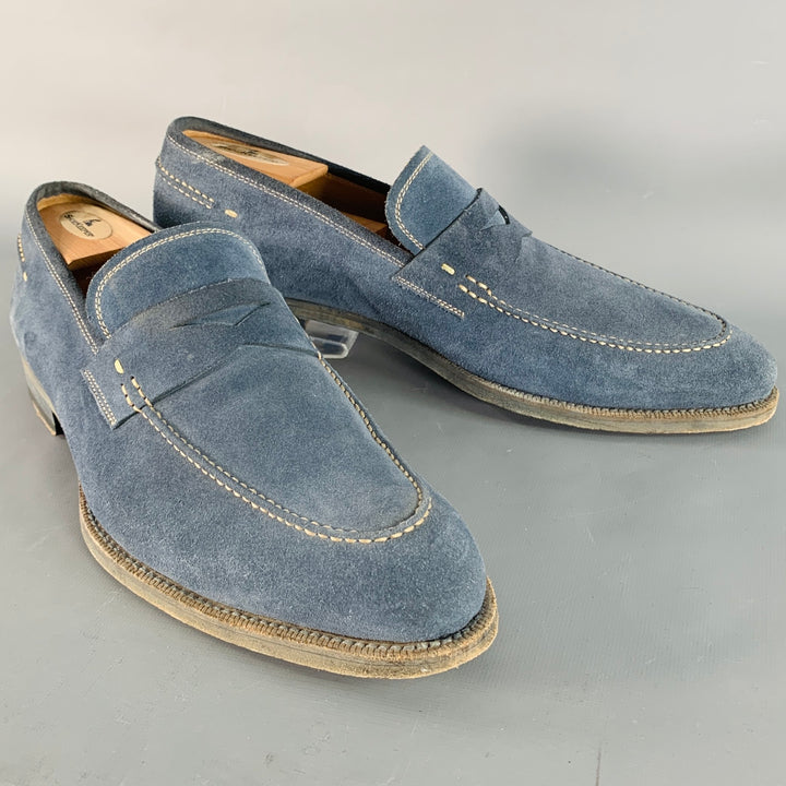 MAGNANNI Size 11 Blue Grey Contrast Stitch Suede Penny Loafers