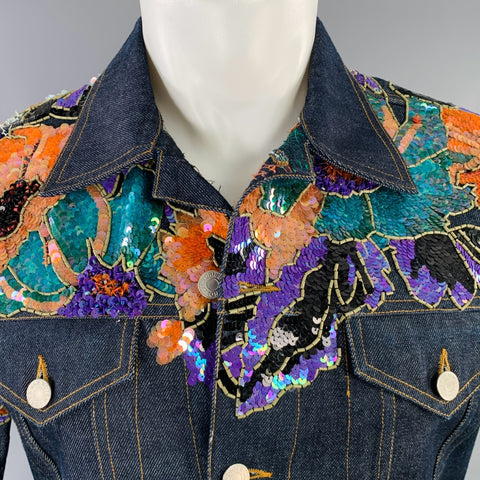 DRIES VAN NOTEN Size S Navy Multi Color Sequined Cotton Jacket