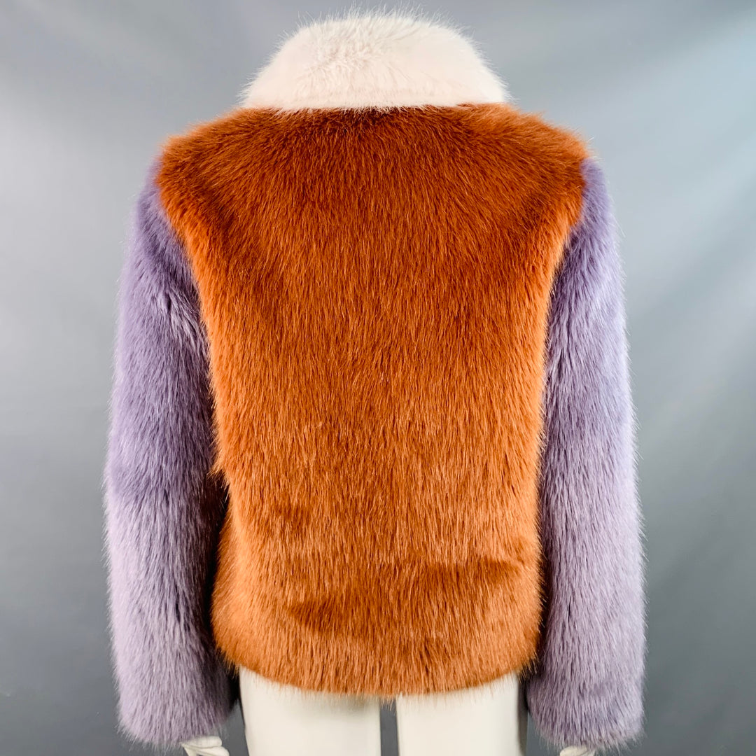 LPA Size L Brown Lavender White Modacrylic Faux Fur Color Block Zip Up Jacket