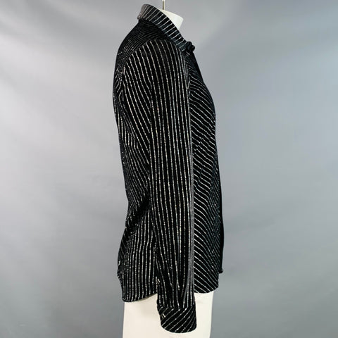 PHIX Size L Black Metallic Silver Pinstripe Velvet Spread Collar Snaps Long Sleeve Shirt
