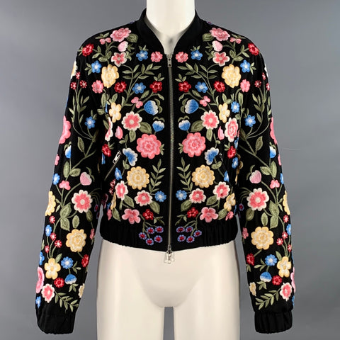 NEEDLE AND THREAD Size 8 Black Multi Color Embroidered Floral Polyester Bomber Jacket