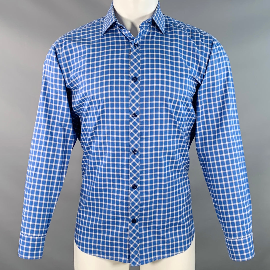 JARED LANG Size M Blue White Checkered Cotton Spread Collar Long Sleeve Shirt