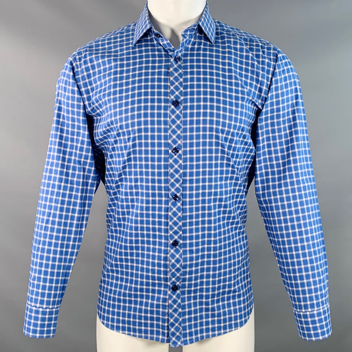 JARED LANG Size M Blue White Checkered Cotton Spread Collar Long Sleeve Shirt