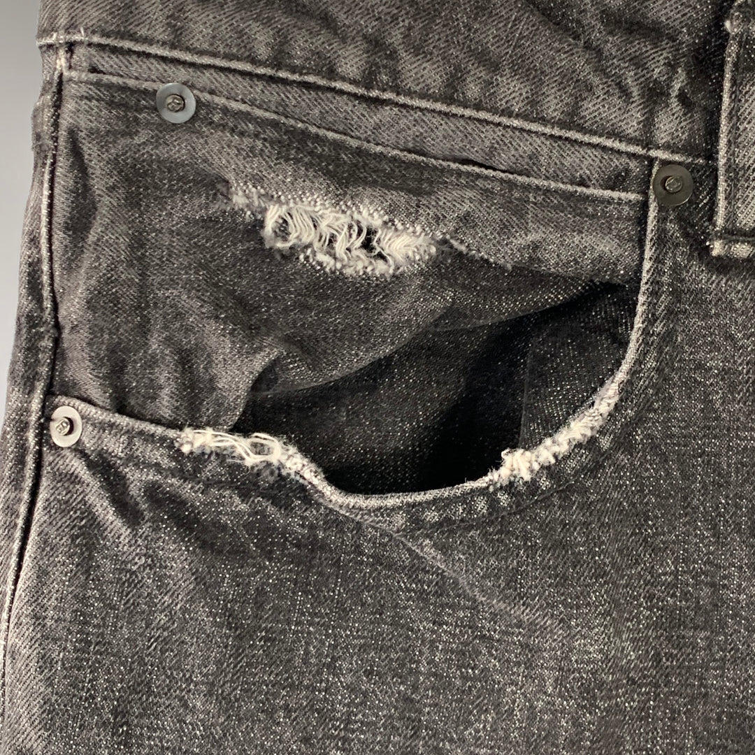 GOLDEN GOOSE Size 34 Black Washed Selvedge Denim Tapered Distressed Jeans