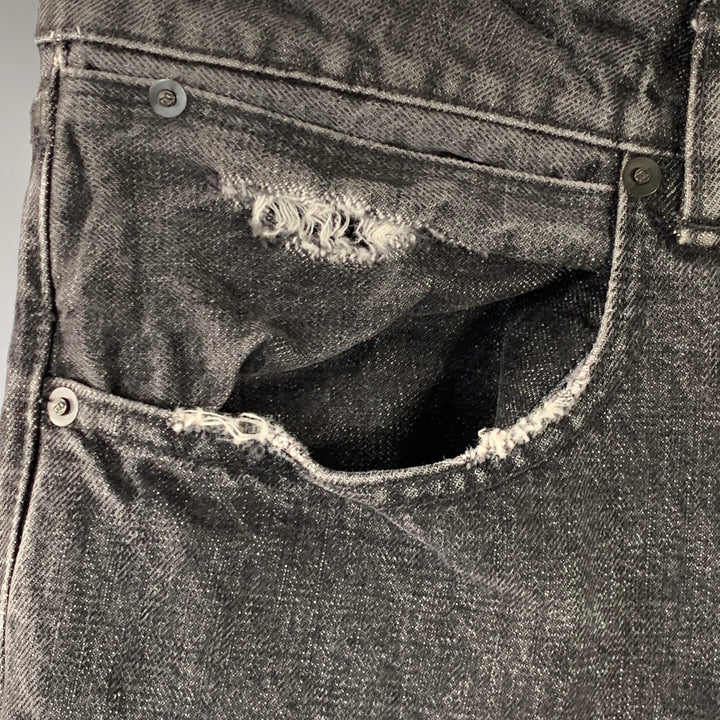 GOLDEN GOOSE Size 34 Black Washed Selvedge Denim Tapered Distressed Jeans