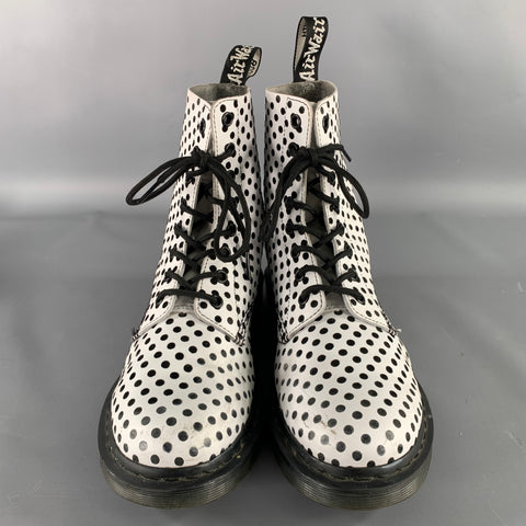 DR. MARTENS Size 9 White Black Leather Polka Dot Lace-Up Boots