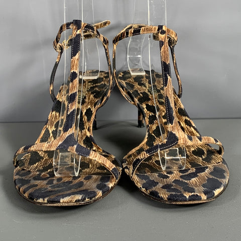 DOLCE & GABBANA Size 9 Brown Black Fabric Animal Print T- Strap Sandals