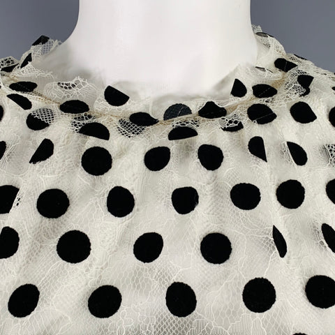 AKRIS Size 4 Off White Black Viscose Blend Polka Dot Collarless Blouse