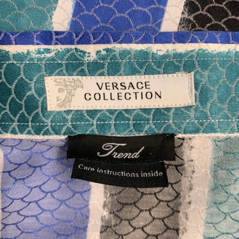 VERSACE COLLECTION Size XL Black White Blue Green Stripe Long Sleeve Shirt
