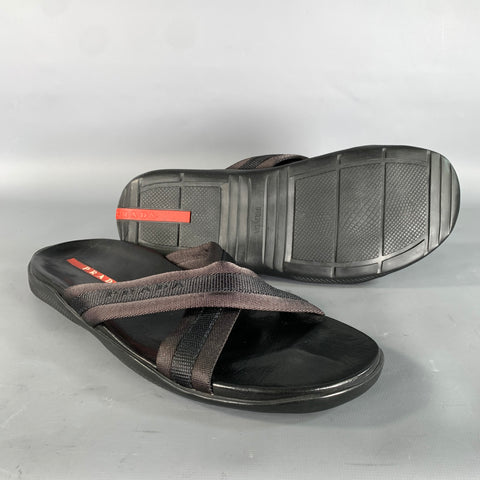 PRADA Size 10 Black Mixed Fabrics Leather Canvas Flip flops Sandals