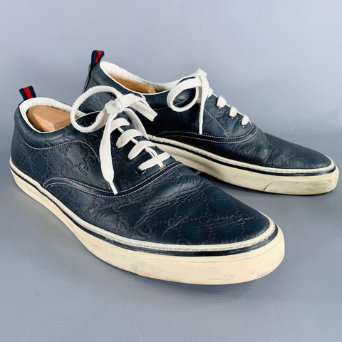 GUCCI Size 11 Guccissima Navy Embossed Leather Sneakers
