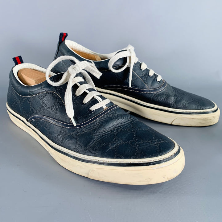 GUCCI Size 11 Guccissima Navy Embossed Leather Sneakers