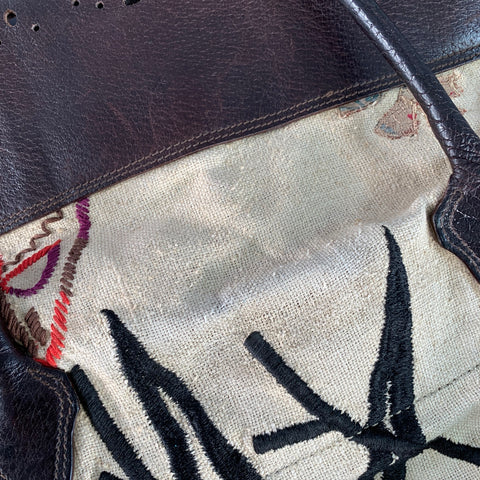 DRIES VAN NOTEN Brown Cream Red Embroidered Leather Tote Handbag