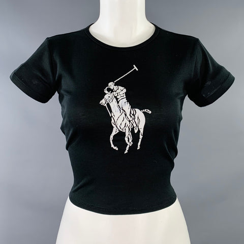 RALPH LAUREN COLLECTION Size M Black White Mercerized Cotton Slim Fit Logo Casual Top