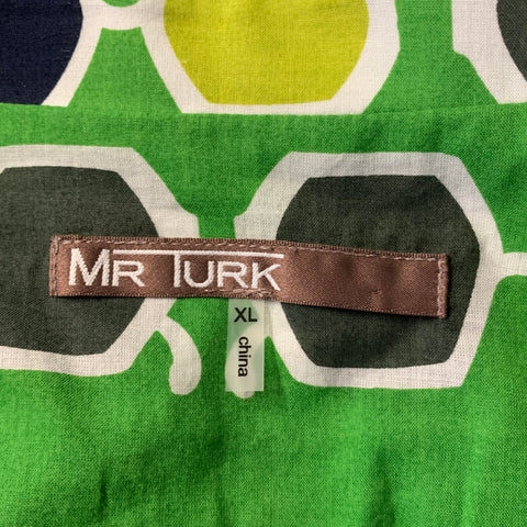 MR TURK Size XL Green Navy White Graphic Cotton Camp Short Sleeve Shirt