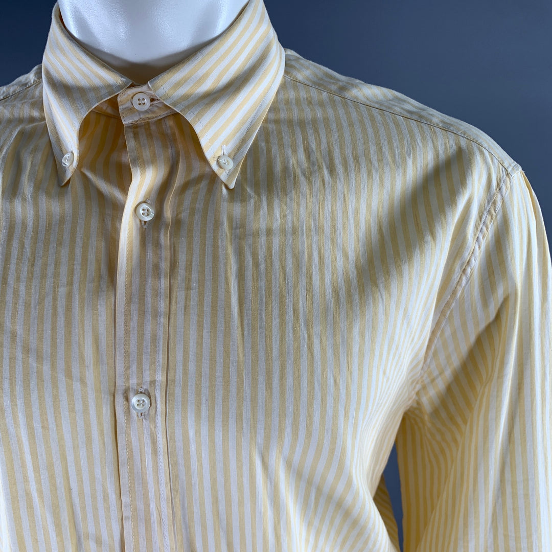 BRUNELLO CUCINELLI Size XXXL Yellow White Stripe Linen Cotton Long Sleeve Shirt