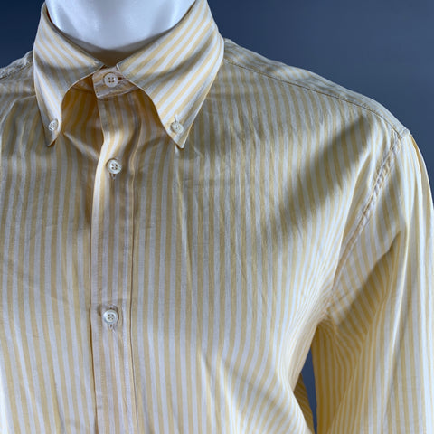 BRUNELLO CUCINELLI Size XXXL Yellow White Stripe Linen Cotton Long Sleeve Shirt