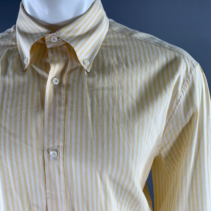 BRUNELLO CUCINELLI Size XXXL Yellow White Stripe Linen Cotton Long Sleeve Shirt