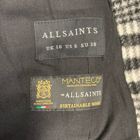 ALLSAINTS Taille 6 Ensley Carreaux Noir Gris Laine Mélange Plaid Manteau Croisé